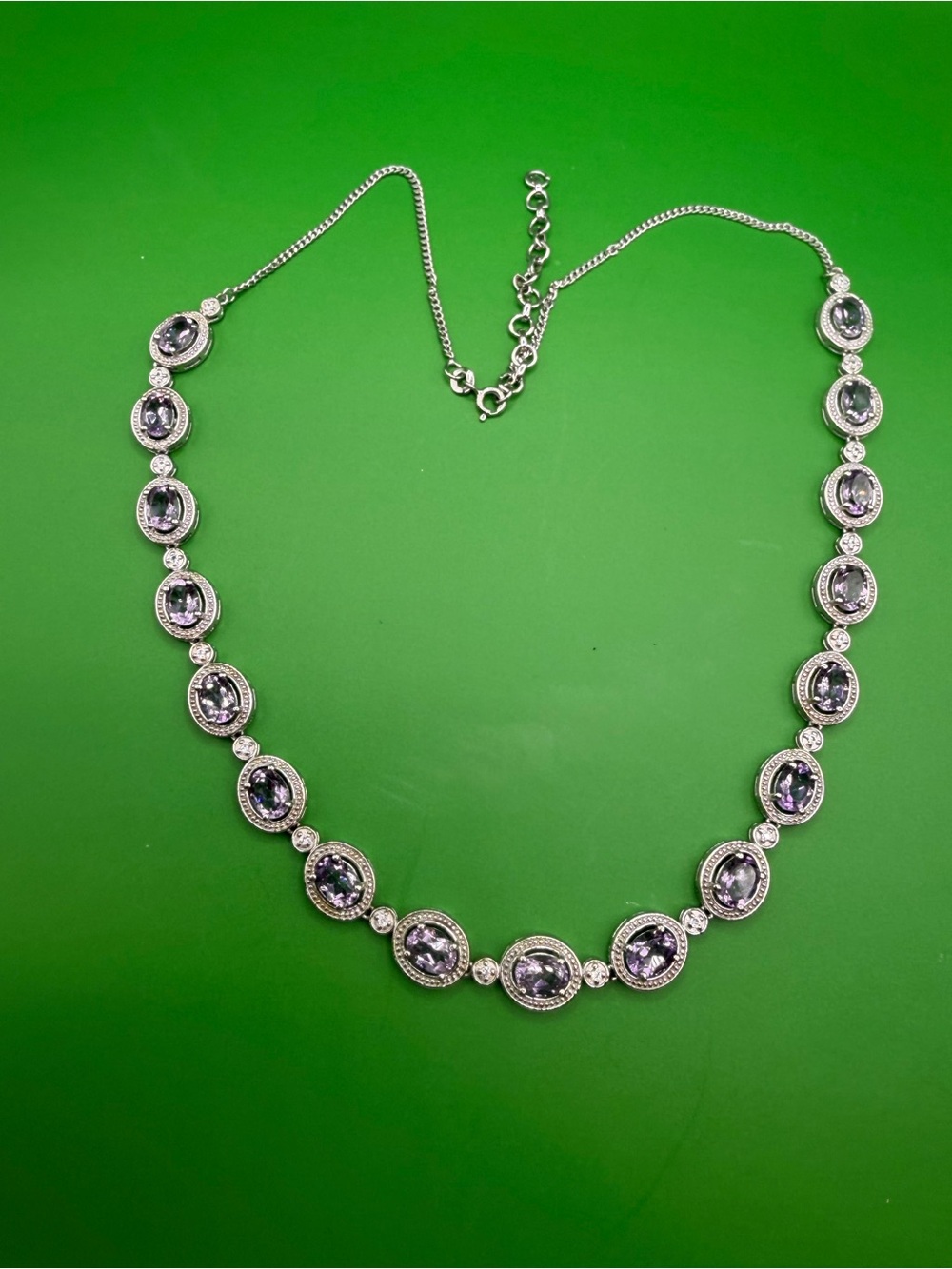 925 Sterling Silver Amethyst & Moissanite Necklace 18” to 20”.